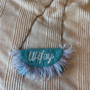 Teal 'Wifey' Feathered Clutch